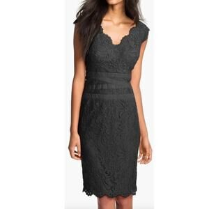 Tadashi Shoji Black Lace Cocktail Knee Length Sheath Dress, Size 4